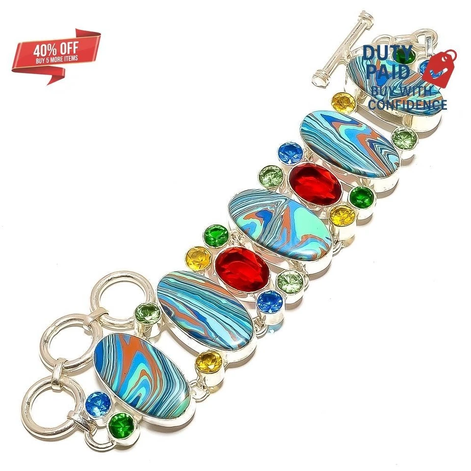 Sterling Silver Natural Rainbow Calsilica Quartz Chain Mother Bracelet Jewelry - Image 1 of 4