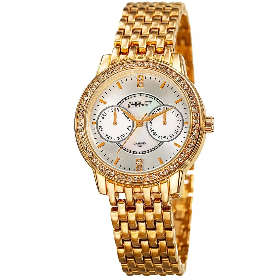 Women's August Steiner AS8228YG Diamond Dial Crystal Bezel Date Bracelet Watch