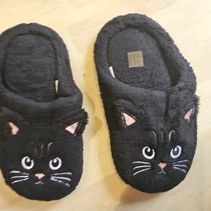 Ladies Black Plush Slippers With Cat Face Size 5-5.5 - Picture 1 of 6