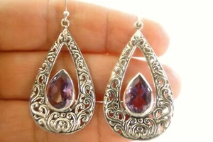 Purple Amethyst Bali Design 925 Sterling Silver Dangle Drop Earrings - Picture 1 of 3