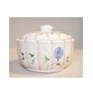 Vintage Round Trinket Box Hand Painted Ceramic w/Pink Stripes Sweet Pea Flowers - Picture 1 of 10
