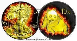 USA 2014 American Silver Eagle CHINA 2015 Panda Burning Coin Set Silver Coin