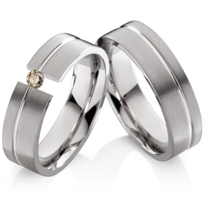 2 Eheringe Trauringe mit echtem Diamant Verlobungsringe aus Edelstahl ELB24 - Bild 1 von 4