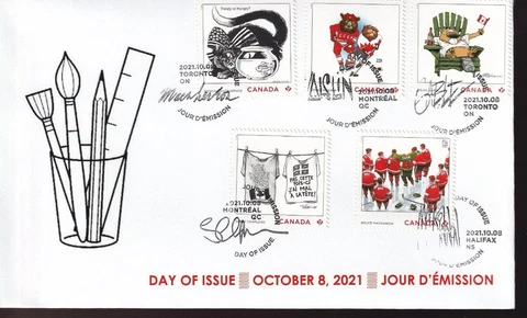 Canada limited edition private FDC, 2021 Editorial Cartoonists, set of 5 BK 'P' Cover