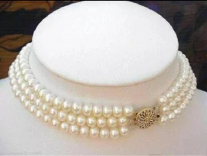 Charmantes natürliches Südsee dreistränge 8-9 mm weiße Perlen Halsband Halskette 14K - Bild 1 von 6