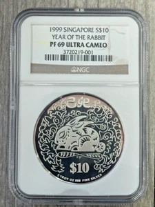 1999 Singapore $10 Lunar Series The Year of the Rabbit 2 oz Silver PF 69 NGC - Picture 1 of 5