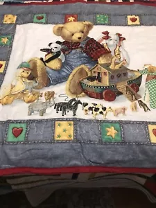 Blue Jean Teddy Bear Noahs Ark Baby Quilt Matching Backing Red Binding - Picture 1 of 2