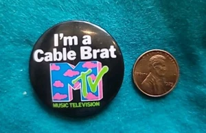 I Want My MTV Original Metal Vintage 80s Pinback Button I'm A Cable Brat Clouds - Picture 1 of 3