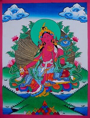Red Tara Thangka Art | Handmade In Nepal Tibetan Thangka Art | Compassion & Love • 130$