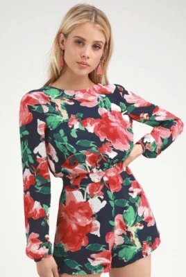 Lulus Sweetest Song Backless Long Sleeve Blue Floral Print Romper Size Large - Image 1 of 4