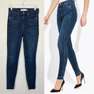 Pantalones de mezclilla ajustados de tiro alto AYR The Riser lavado oscuro dobladillo crudo para mujer 29x30 cintura 29 - Imagen 1 de 11