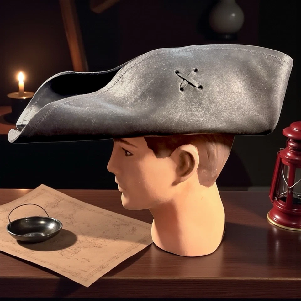 Heavy Genuine Leather Tricorn Pirate Hat Handmade LARP Adjustable - Image 1 of 4