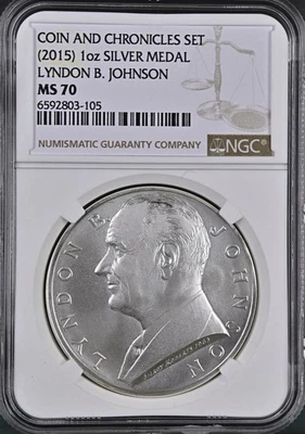 Lyndon B Johnson (2015) 1oz Silver Medal NGC MS70 Coin and Chronicles Set BOX5 - Image 1 of 2