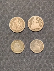 (2) Seated Liberty Silver Dime 10c - (2) Seated Liberty Silver Half Dime 5c - Picture 1 of 2