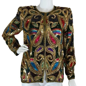 Lawrence Kazar Paisley Sequin Silk Jacket Party Gold Colorful Mardis Gras Sz S - Picture 1 of 23