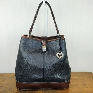 Brighton Handbag Bucket Bag Black Two Way Pebbled Leather Braided Strap Charm - Picture 1 of 18