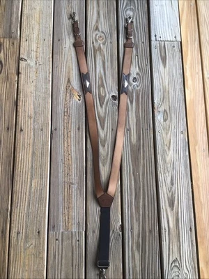 Nocona Belt Co Silver Diamond Concho Tan Leather Adjustable Suspenders Mens L - Image 1 of 4