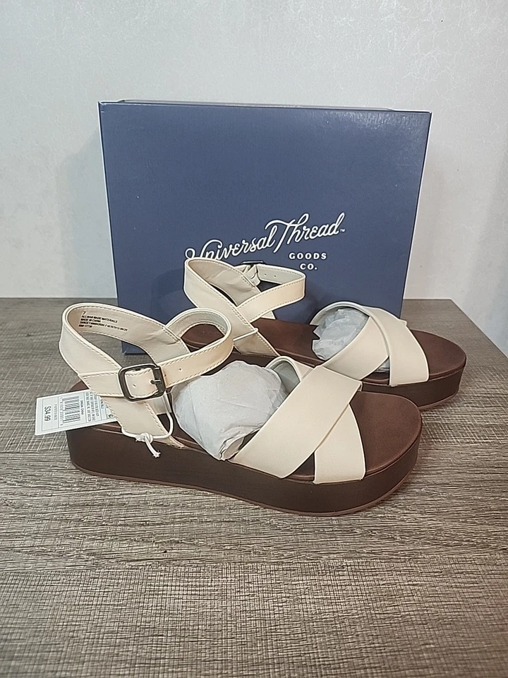 Womens Sandal Platform Sz 7 Block Faux Leather Billi Bone Beige Universal Thread