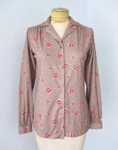 Vtg 70s Sears Brown Diamond Grid Lotus Floral Poly Knit Secretary Blouse Top 10 - Picture 1 of 7