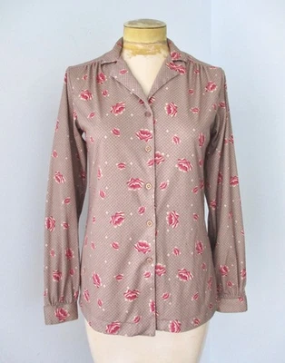 Vtg 70s Sears Brown Diamond Grid Lotus Floral Poly Knit Secretary Blouse Top 10 - Image 1 of 4
