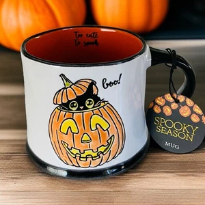 New Hand Painted Halloween Pumpkin Boo Black Cat Kitten Coffee Tea 17oz Mug - Picture 1 of 3