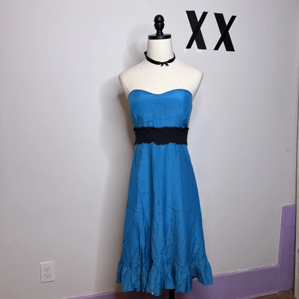 Vestido Babydoll Vintage Azul Vivo de Gasa • Sin Tirantes Hada Baile de graduación Coqueta Y2K M Foto 1 de 4