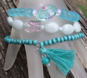 New Lot 3 Summer Beach Colors Tassel Stretch Bracelets - Picture 1 of 8