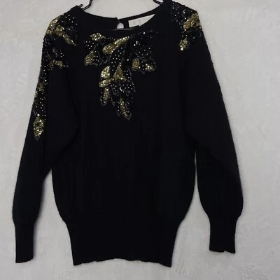 Suéter Vintage Lana Angora Mujer M Negro Cuentas Lentejuelas Dorado Manga Dolman Años 80 Foto 1 de 4