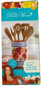 NEW Pioneer Woman Heritage Floral 6-Piece Utensil Crock w/ 5 Wood Tools HTF - Picture 1 of 5
