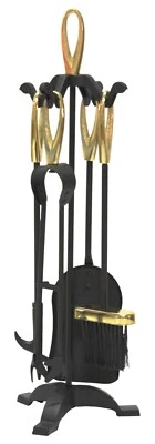 Set Attrezzi per Camino in Acciaio Mod Elisse Ottone 4 Attrezzi e supporto - Immagine 1 di 4