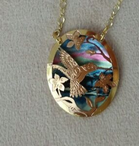 Kette Collier ANHÄNGER Filigran KOLIBRI VOGEL Fensteremaile-LOOK Modeschmuck 5B