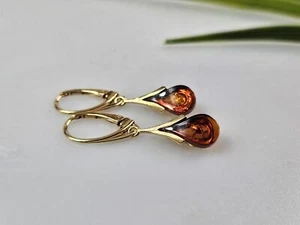 Baltic Amber Earrings Long Gold Plated Sterling silver Dangle Earrings Handmade - Picture 1 of 5