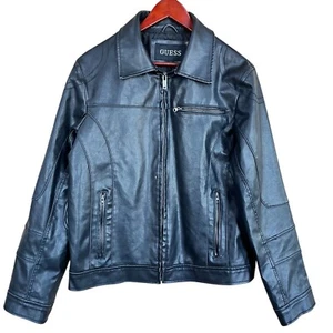 Guess Jacket Unisex Small Black Faux Leather Zip Polyvinyl Bikercore Motorcycle - Picture 1 of 16