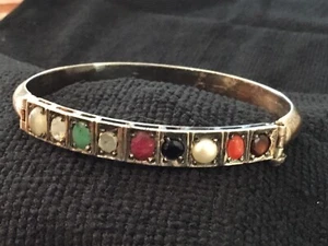 Vintage Multi-Gemstone Inlay Bangle Bracelet 8.5” Multi Stone Sterling Silver - Picture 1 of 5
