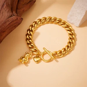Womens K Gold Plated Stainless Steel Bear Heart Dangle Charm Bracelet Bangle - Picture 1 of 3