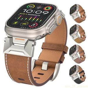 US Retro Genuine Leather + Metal Band Wrist Strap For Apple Watch Ultra 1 2 49mm - Picture 1 of 13