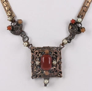 ROSE GOLD & GOLDTONE ANTIQUE BALTIC PEARL AMBER STONES NECKLACE FASHION 5656 - Picture 1 of 4