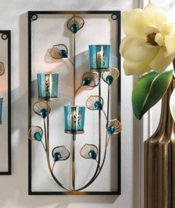 LARGE 19" TEAL BLUE TURQUOISE PEACOCK MODERN ART WALL MOUNT SCONCE CANDLE HOLDER - Picture 1 of 3