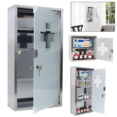 Medizinschrank Edelstahl mit Glas Tür Abschließbar Arzneischrank 2/3/4 Fächer - Bild 1 von 4