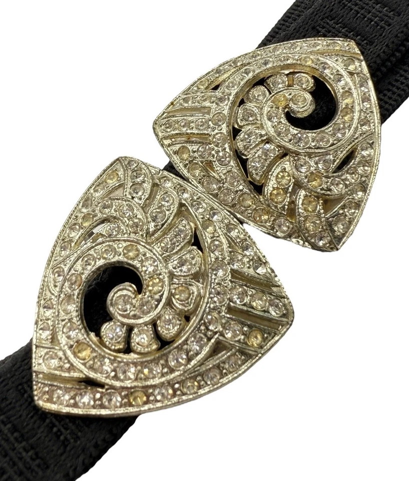 Antique Art Deco Clear Paste Stones Belt Buckle w/ Black Elastic Waist Belt  - Image 1 of 4