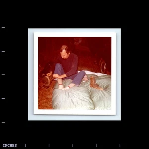 Square Color Photo MEN WITH BOOTS AND SLEEPING BAG CAMPING - Picture 1 of 2
