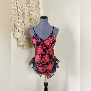 Victoria’s Secret Vintage 80s Sheer Ruffle Floral Black Red Bodysuit Teddy M - Picture 1 of 3