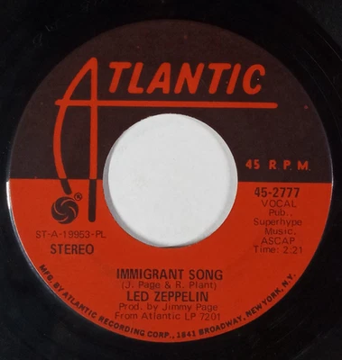 LED ZEPPELIN: Immigrant Song / Hey, Hey, What Can I Do ATLANTIC 7" Single 45 RPM - Image 1 of 2