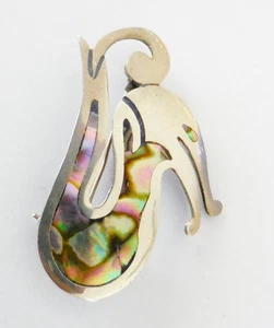 VINTAGE INLAY MEXICO STERLING SILVER BROOCH ABALONE CAT DESIGN - Foto 1 di 7