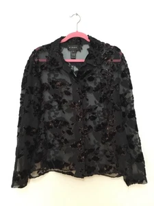 Vintage Y2K Virgo Velvet Burnout Blouse Black Sheer Shirt Whimsigoth Sz 14 - Picture 1 of 5