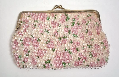 Vintage White and Floral Beaded Coin Purse Pouch Change Bag - Imagem 1 de 4