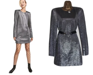 HM Dress 10-12 Silver sparkly long sleeve shoulder pad 90s retro Disco Evening - Picture 1 of 15