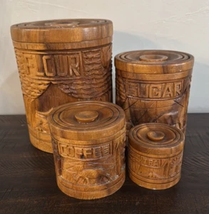 Vintage Carved Wood Canister Set, Nesting Canisters Tiki Hawaiian S.C. Vizcarra - Picture 1 of 10