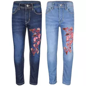 Kids Girls Jeans Embroidered Denim Comfort Stretchy Skinny Pants Age 5-13 Years - Picture 1 of 12