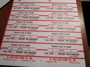10 Vtg STYX Don't Let It End/ A.D. 1928  Jukebox FULL Title Strips  - Picture 1 of 1